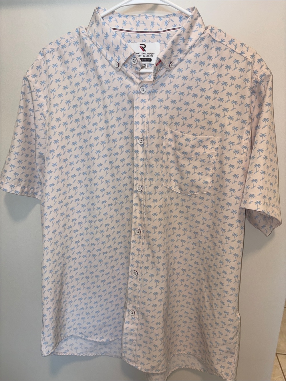 Original Penguin White Short-Sleeve Button-Down with Light Blue Palm Print